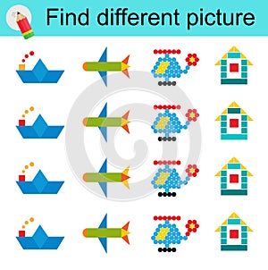 Logic game for children. Find different picture. Vector illustration of the boat, house, helicopter, plane