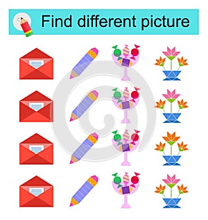 Logic game for children. Find different picture. Vector illustration of the letter envelope, candy bowl, pencil, flowers