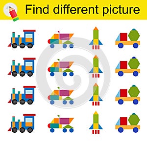 Logic game for children. Find different picture. Vector illustration of the steam locomotive, dump truck, truck, airplane