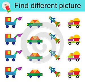 Logic game for children. Find different picture. Vector illustration of the truck, car, plane