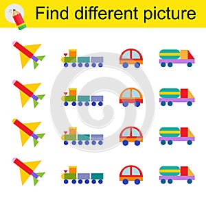 Logic game for children. Find different picture. Vector illustration of the truck, car, rocket, train