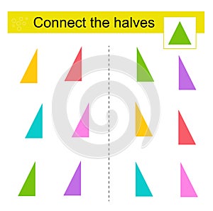 Logic game for kids. Find the halves of shapes. Printable page for brainteaser book