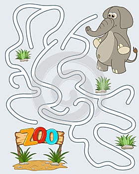Logic Game for kids. Help the elephant find the pathway to Zoo. Entry and exit. Labyrinth with solution. Educational maze game