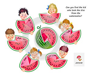Logic game for smartest. 3D puzzle. Can you find the kid who took the slice from the watermelon? Play online. Developing spatial