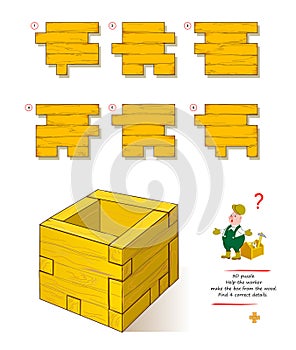 Logic game for smartest. 3D puzzle. Help the worker make the box from wood. Find 4 correct details. Brain teaser book. Play online photo