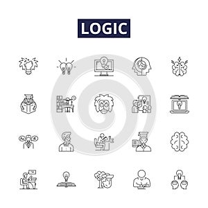 Logic line vector icons and signs. Reason, Deduction, Inference, Induction, Rationality, Consistency, Analysis, Validity