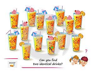 Logic puzzle for children and adults. Can you find two identical drinks? Page for kids brain teaser book. Task for attentiveness photo