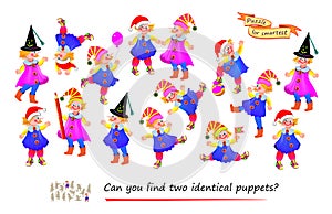 Logic puzzle for children and adults. Can you find two identical puppets? Page for kids brain teaser book. Task for attentiveness