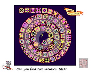 Logic puzzle for children and adults. Can you find two identical tiles? Page for kids brain teaser book. Task for attentiveness.
