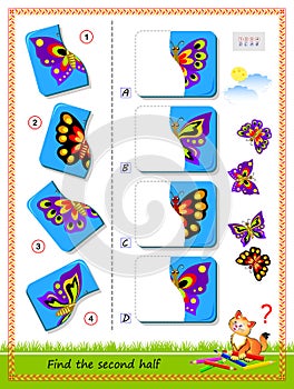 Logic puzzle for children. Find and draw second half of each butterfly. Educational page for kids. IQ test. Kids activity sheet.