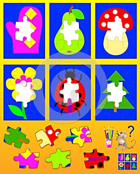 Logic puzzle for children. Need to find corresponding details and to draw them in empty places.