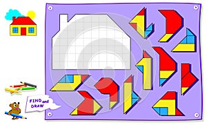 Logic puzzle game for baby coloring book. Need to find the place for each detail and paint white squares.