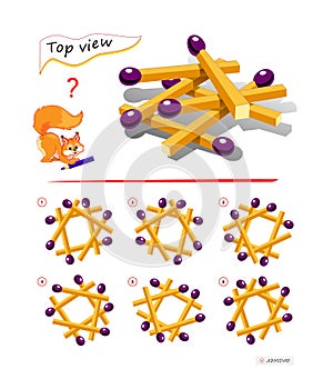 Logic puzzle game for children and adults. 3D maze. Need to find correct top view of matchsticks. Printable page for brain teaser