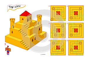 Logic puzzle game for children and adults. 3D maze. Need to find correct top view of tower. Printable page for brain teaser book.