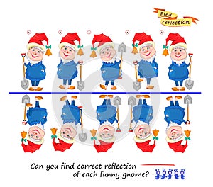 Logic puzzle game for children and adults. Can you find correct reflection of each funny gnome? Brain teaser book. Developing