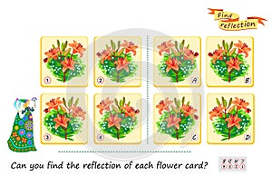Logic puzzle game for children and adults. Can you find the reflection of each flower card? Brain teaser book. Developing kids