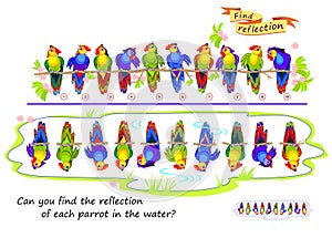 Logic puzzle game for children and adults. Can you find the reflection of each parrot in the water? Brain teaser book. Developing