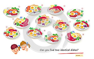 Logic puzzle game for children and adults. Can you find two identical dishes? Page for kids brain teaser book. Task for