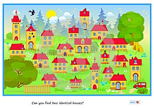 Logic puzzle game for children and adults. Can you find two identical houses? Page for kids brain teaser book. Task for