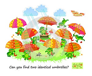 Logic puzzle game for children and adults. Can you find two identical umbrellas? Page for kids brain teaser book. Task for