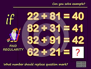 Logic puzzle game for children and adults. Can you solve example? Find regularity. Printable page for kids brain teaser book. photo