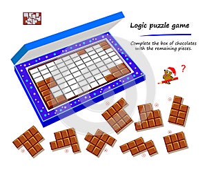 Logic puzzle game for children and adults. Complete the box of chocolates with the remaining pieces. Page for kids brain teaser