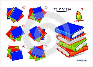 Logic puzzle game for children and adults. 3D maze. Need to find correct top view of books. Printable page for brain teaser book. photo