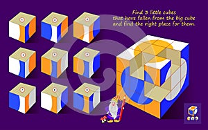 Logic puzzle game for children and adults. Find 3 little cubes that have fallen from big cube and find the right place.