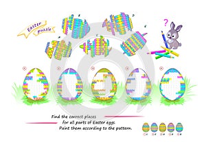 Logic puzzle game for children and adults. Find the correct places for all parts of Easter eggs. Paint them according to the photo