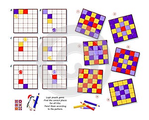 Logic puzzle game for children and adults. Find correct places for all tiles. Paint them according to pattern. Coloring book. Page