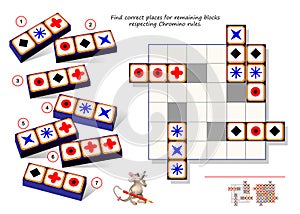 Logic puzzle game for children and adults. Find correct places for remaining blocks respecting Chromino rules.