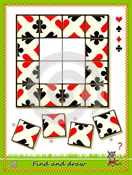 Logic puzzle game for children and adults. Find and draw in correct places each part of playing card.