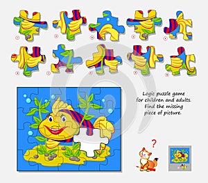 Logic puzzle game for children and adults. Find the missing piece of picture. Page for kids brain teaser book. IQ test. Play photo