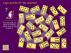 Logic puzzle game for children and adults. Find the only one piece of domino where sum of dots is equal to 6.