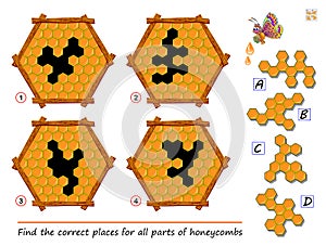 Logic puzzle game for children and adults. Find the places for all parts of honeycombs. Printable page for kids brain teaser book.