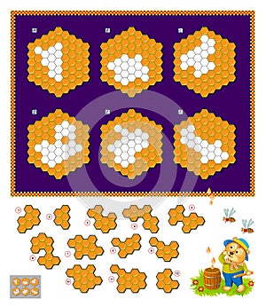 Logic puzzle game for children and adults. Find the places for all parts of honeycombs. Printable page for kids brain teaser book.