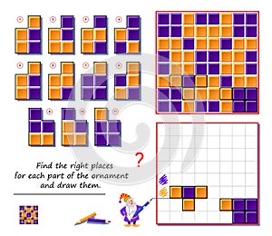 Logic puzzle game for children and adults. Find the right places for each part of ornament and draw them.