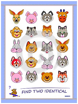 Logic puzzle game for children and adults. Find two identical animals. Memory exercises for seniors. Page for kids brain teaser