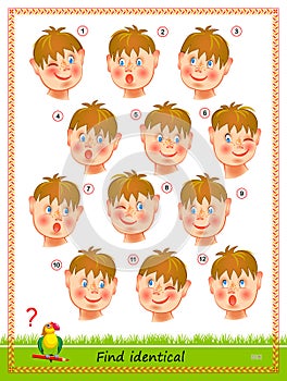 Logic puzzle game for children and adults. Find two identical boys. Printable page for kids brain teaser book. IQ test. Vector