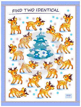 Logic puzzle game for children and adults. Find two identical deer. Memory exercises for seniors. Page for kids brain teaser book