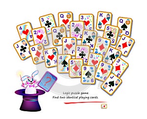 Logic puzzle game for children and adults. Find two identical playing cards. Memory exercises for seniors. Page for kids brain