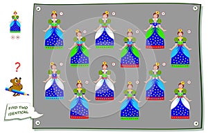Logic puzzle game for children and adults. Find two identical princess. Printable page for kids brain teaser book.
