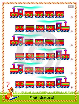 Logic puzzle game for children and adults. Find two identical trains. Printable page for kids brain teaser book.