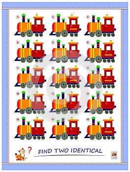 Logic puzzle game for children and adults. Find two identical trains. Printable page for kids brain teaser book.