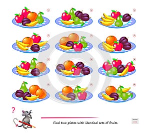 Logic puzzle game for children and adults. Find two plates with identical sets of fruits. Page for kids brain teaser book.