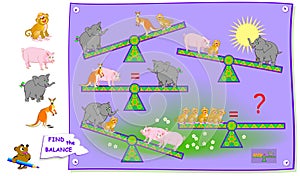 Logic puzzle game for children and adults. Find what animal need to put on swing so there is a balance? Printable page for brain