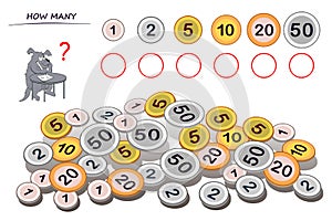 Logic puzzle game for children and adults. Help the dog count quantity of each coin and write numbers in circles.