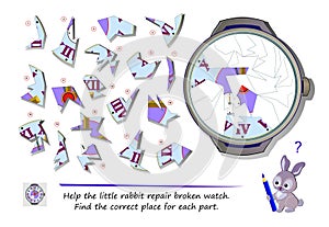Logic puzzle game for children and adults. Help the little rabbit repair broken watch. Find the correct place for each part. Page