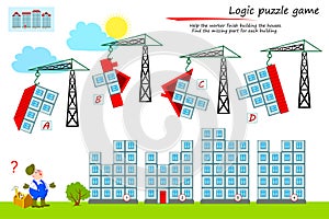 Logic puzzle game for children and adults. Help the worker finish building the houses. Find the missing part for each building.