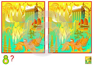 Logic puzzle game for children and adults. Need to find 8 differences. Developing skills for counting. Vector cartoon image.